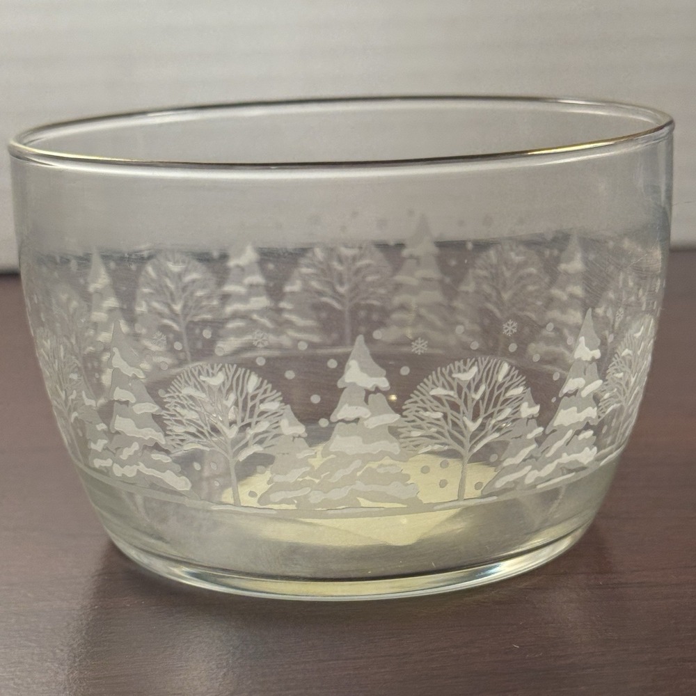 Libbey Frosty Pines Holiday Etched 4 Inch Glass Bowl Candy Dish Clear Christmas